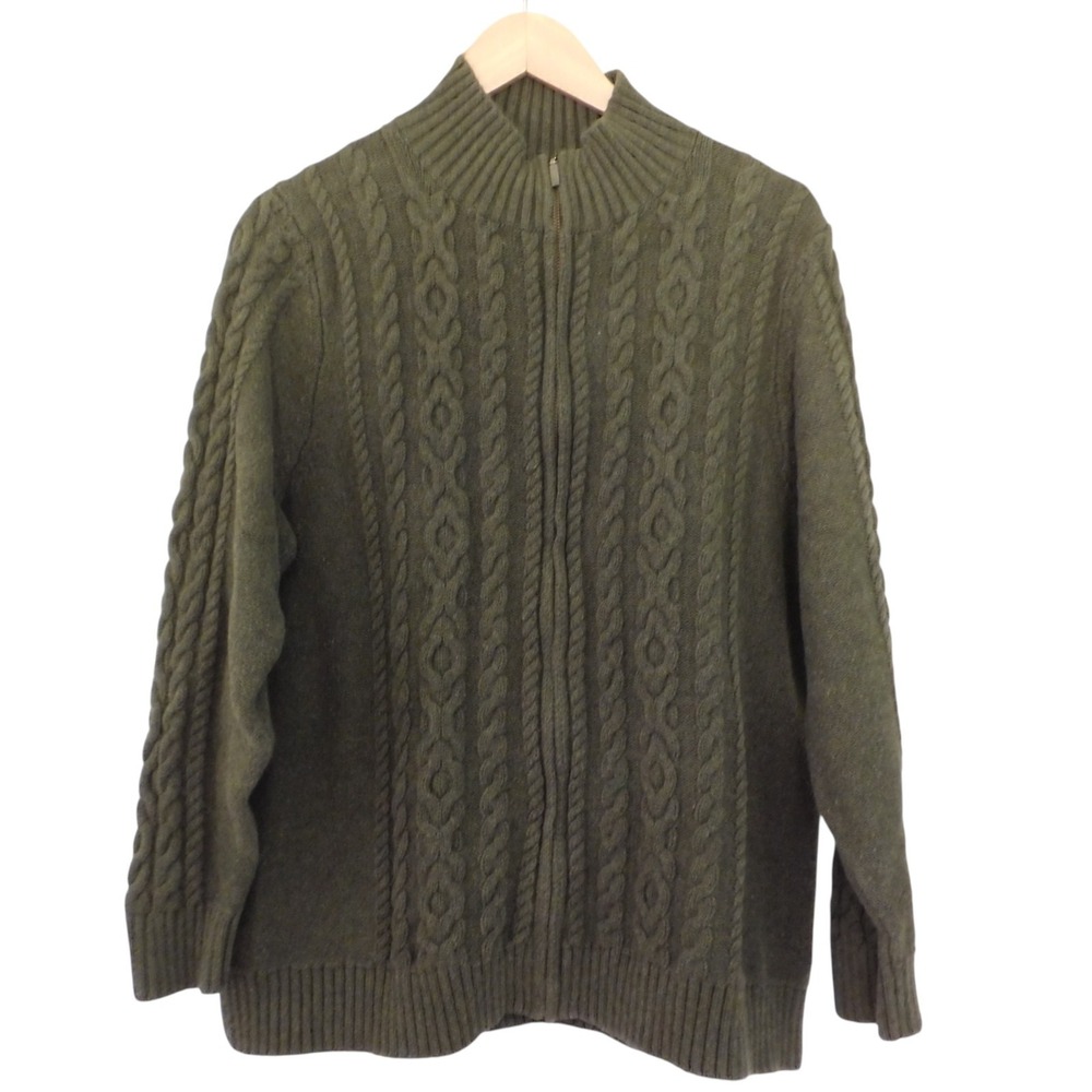 LL Bean womens Cotton Full Zip Cardigan Cable Knit Olive Green Mock Neck Sz 2X